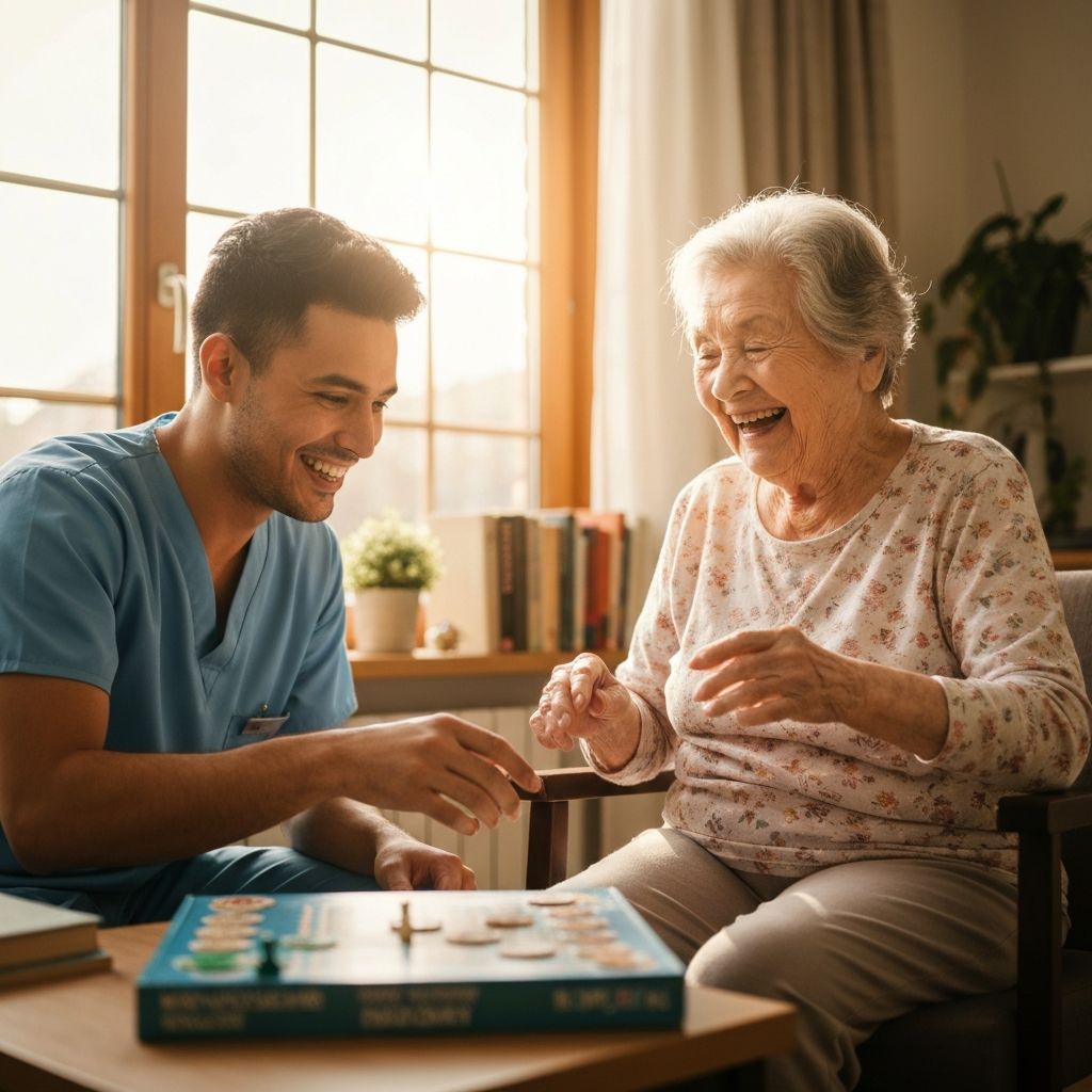 Caregiver and elderly person enjoying activity together