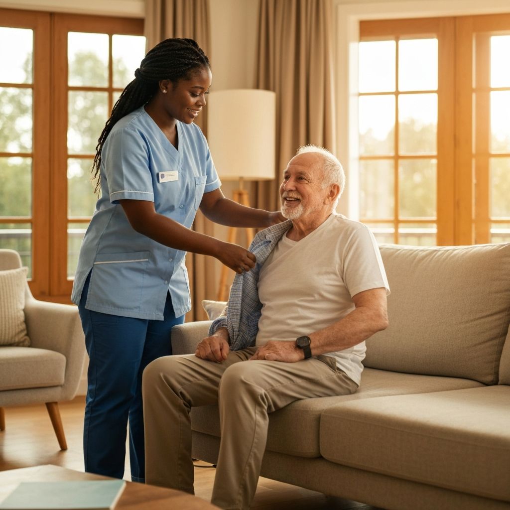 Professional caregiver helping elderly person at home